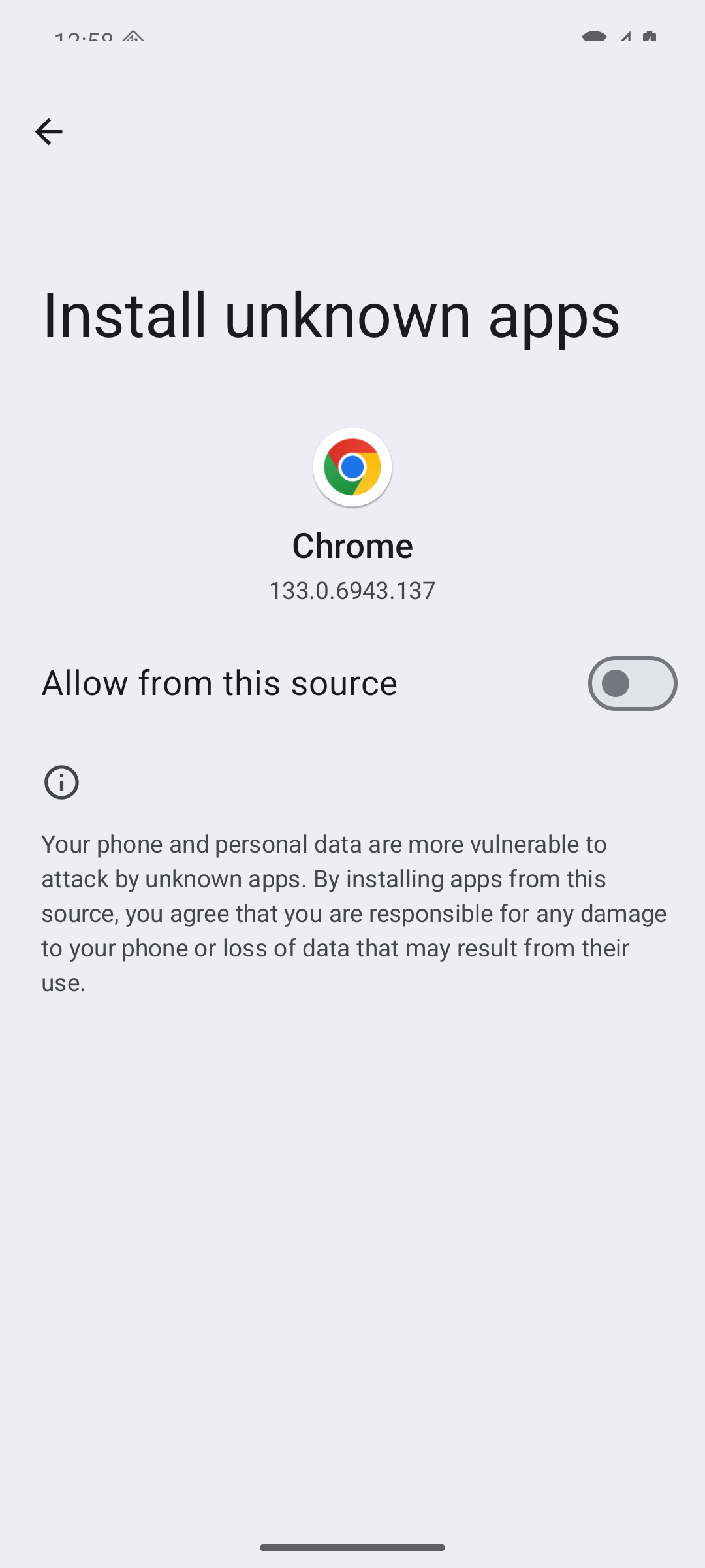Écran Android réel permettant d’autoriser Chrome à installer une application inconnue