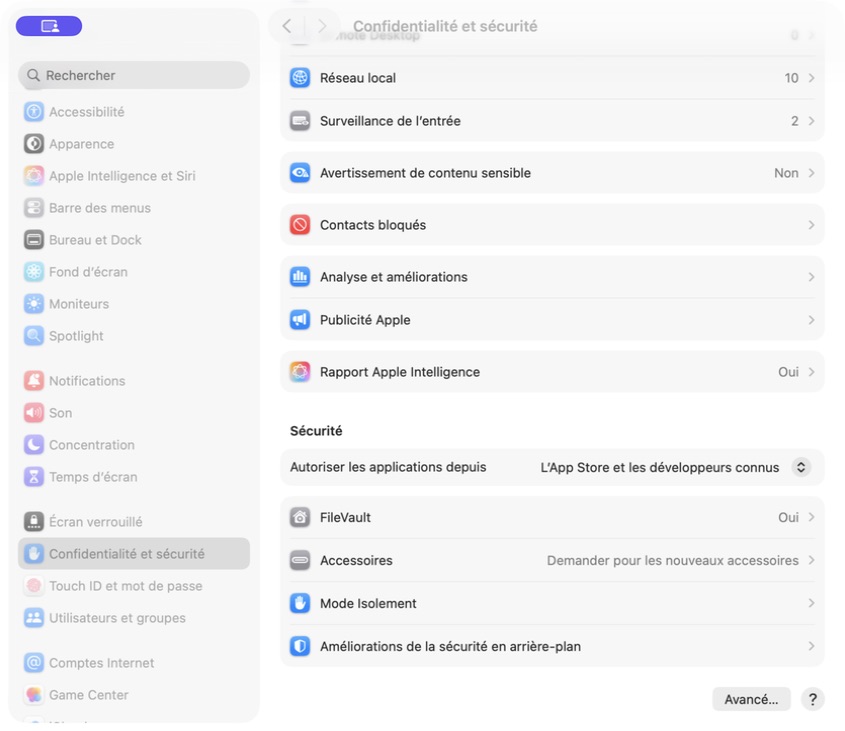 Réglages Confidentialité et sécurité de macOS, section Sécurité